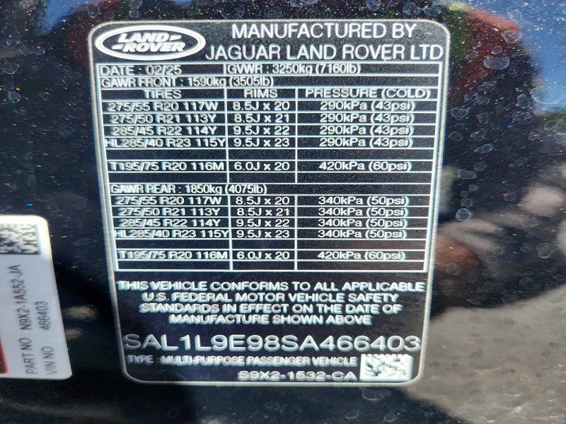 2025 Land Rover Range Rover Sport მანქანა იყიდება აუქციონზე, vin: SAL1L9E98SA466403, აუქციონის ნომერი: 56123096