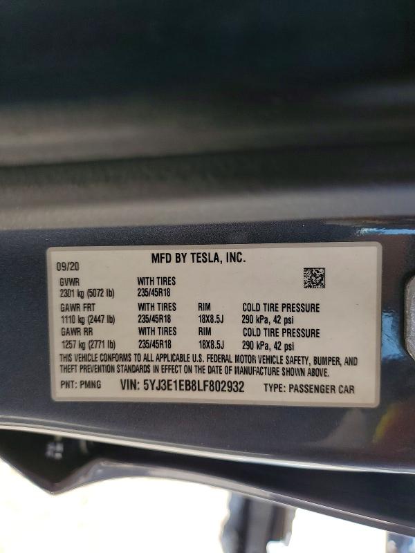 Продажа на аукционе авто 2020 Tesla Model 3, vin: 5YJ3E1EB8LF802932, номер лота: 54537346