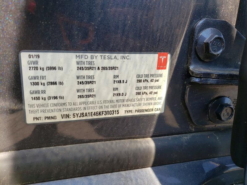 58102836 :رقم المزاد ، 5YJSA1E46KF300315 vin ، 2019 Tesla Model S مزاد بيع