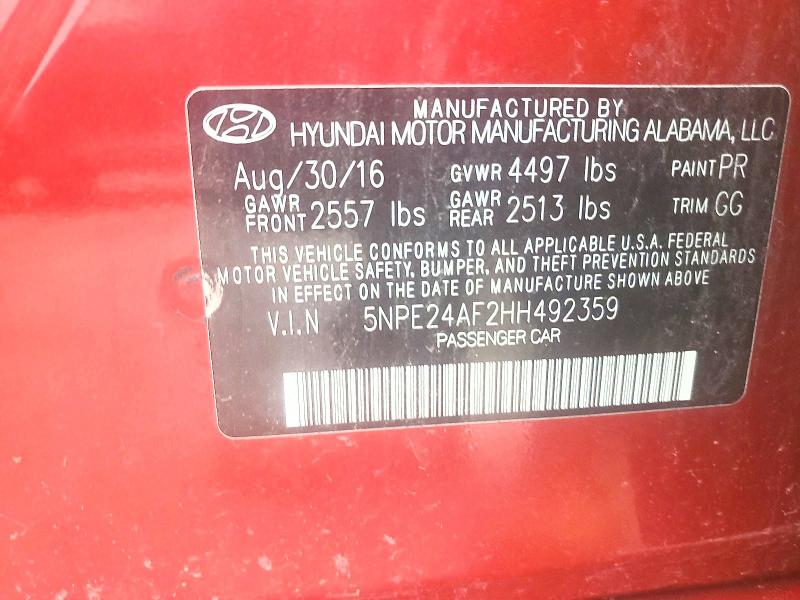 2017 Hyundai Sonata მანქანა იყიდება აუქციონზე, vin: 5NPE24AF2HH492359, აუქციონის ნომერი: 58987036