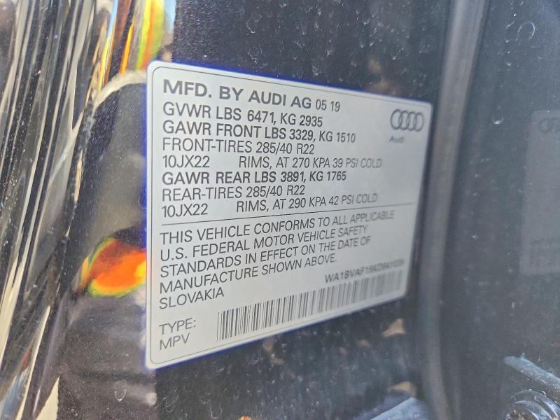 2019 Audi Q8 მანქანა იყიდება აუქციონზე, vin: WA1BVAF15KD041035, აუქციონის ნომერი: 56353706