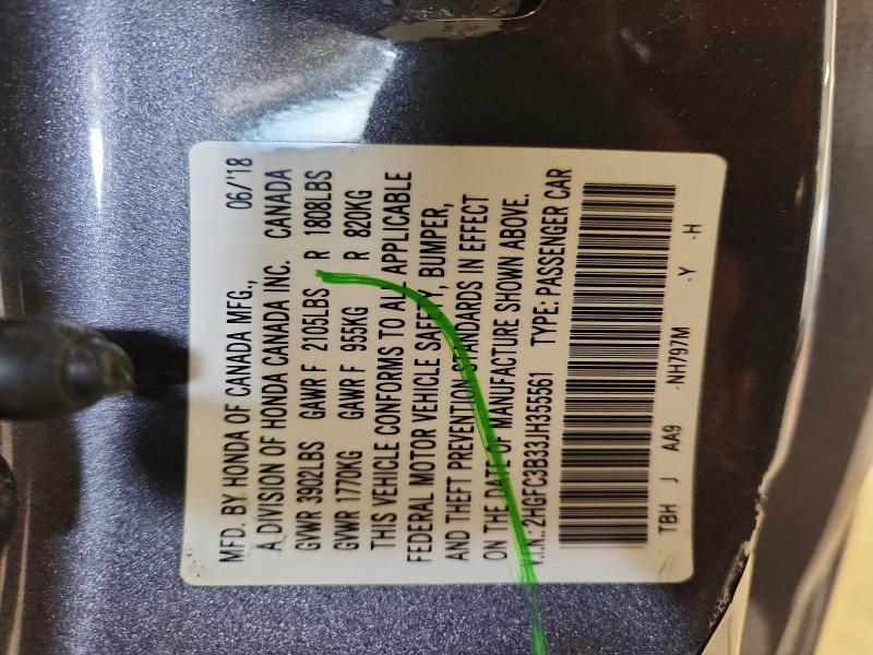 Продаж на аукціоні авто 2018 Honda Civic, vin: 2HGFC3B33JH355561, номер лоту: 57139556