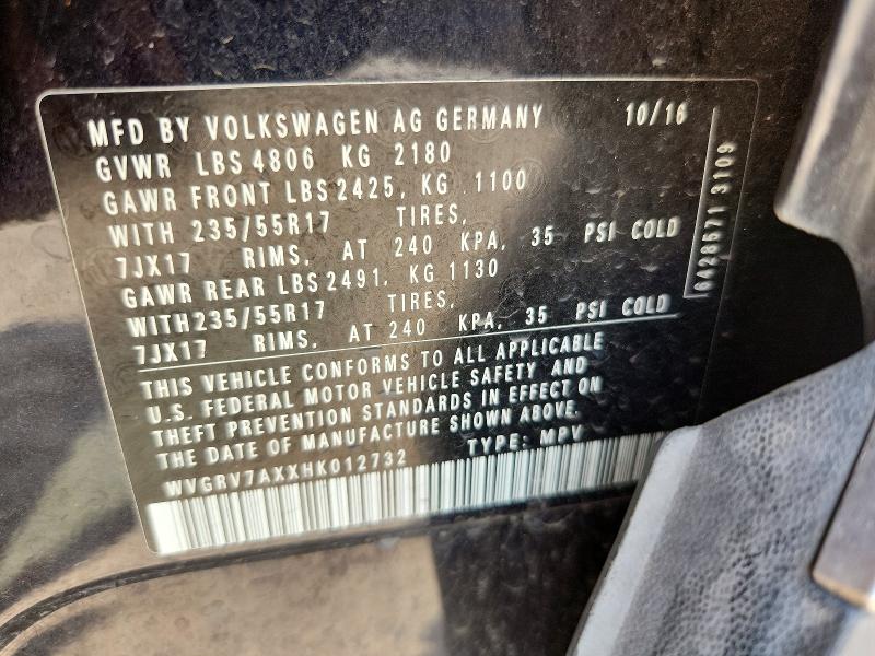 Auction sale of the 2017 Volkswagen Tiguan, vin: WVGRV7AXXHK012732, lot number: 55363716