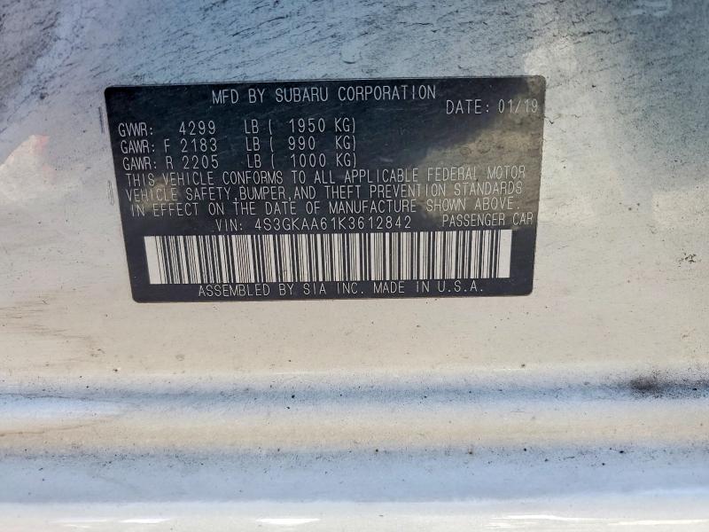 2019 Subaru Impreza მანქანა იყიდება აუქციონზე, vin: 4S3GKAA61K3612842, აუქციონის ნომერი: 57263046