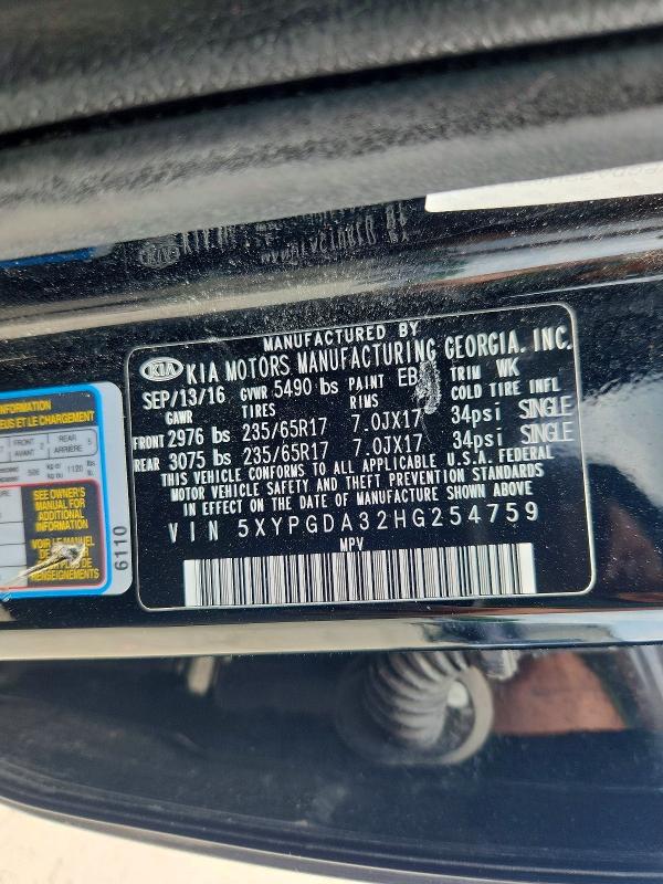 56060076 :رقم المزاد ، 5XYPGDA32HG254759 vin ، 2017 Kia Sorento مزاد بيع
