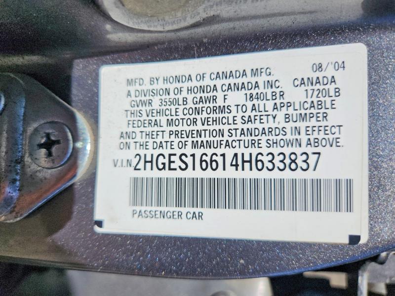 Aukcja sprzedaży 2004 Honda Civic, vin: 2HGES16614H633837, numer aukcji: 58472756