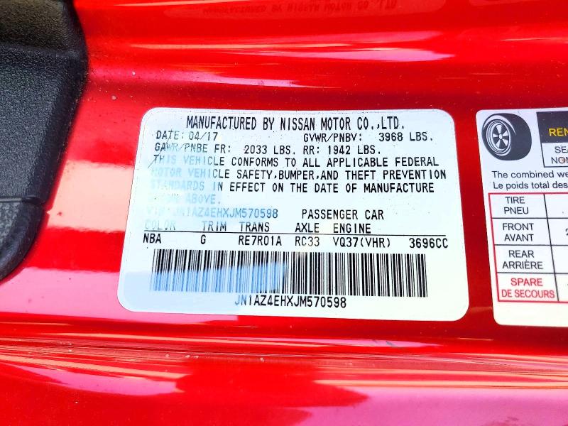 56957616 :رقم المزاد ، JN1AZ4EHXJM570598 vin ، 2018 Nissan 370z مزاد بيع