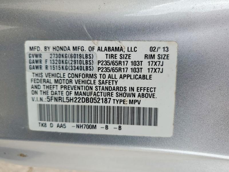 58438986 :رقم المزاد ، 5FNRL5H22DB052187 vin ، 2013 Honda Odyssey مزاد بيع