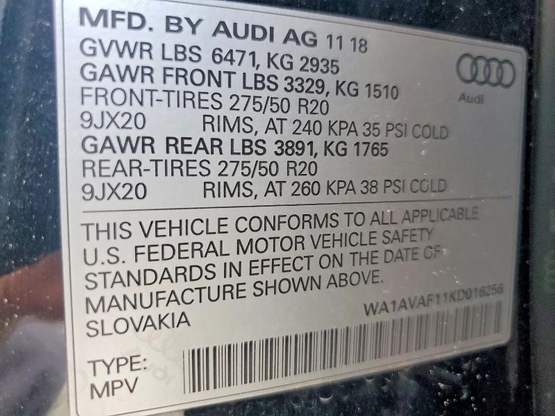 2019 Audi Q8 მანქანა იყიდება აუქციონზე, vin: WA1AVAF11KD016256, აუქციონის ნომერი: 59063706