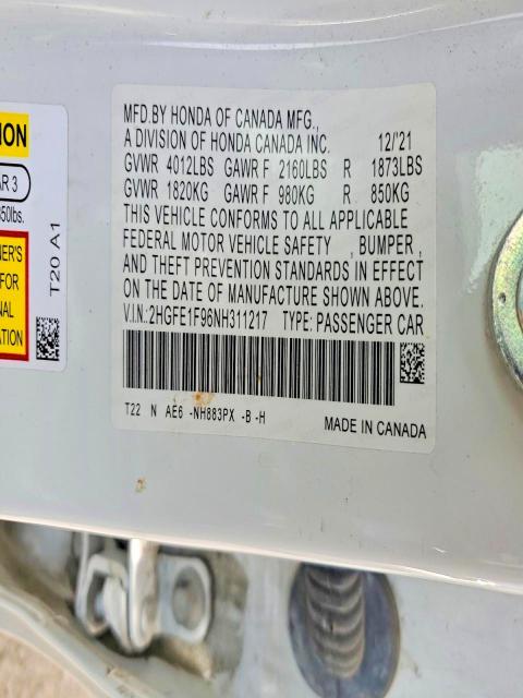 2022 Honda Civic მანქანა იყიდება აუქციონზე, vin: 2HGFE1F96NH311217, აუქციონის ნომერი: 58188626