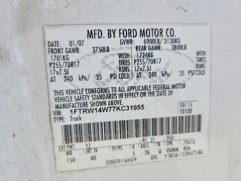 2007 Ford F150 მანქანა იყიდება აუქციონზე, vin: 1FTRW14W77KC31955, აუქციონის ნომერი: 57119726