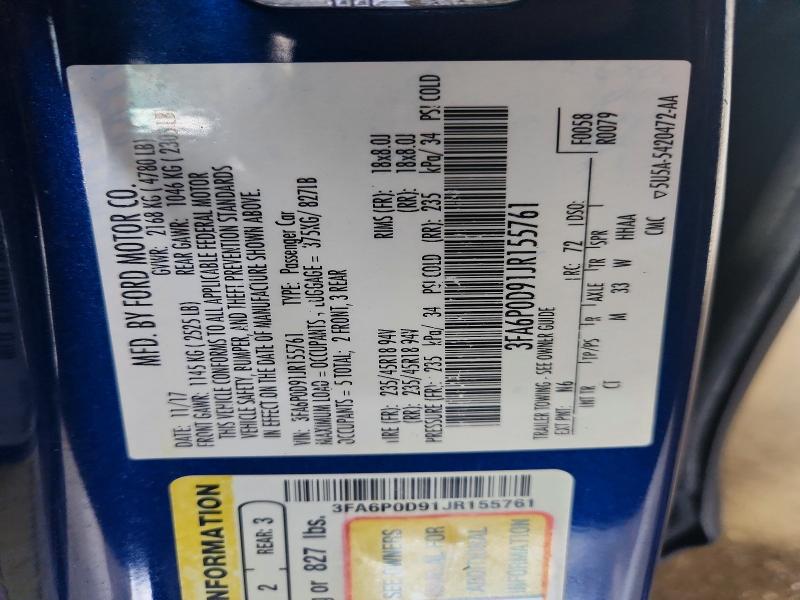 2018 Ford Fusion მანქანა იყიდება აუქციონზე, vin: 3FA6P0D91JR155761, აუქციონის ნომერი: 56506056