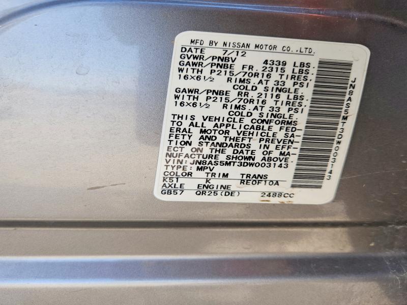 58479296 :رقم المزاد ، JN8AS5MT3DW003143 vin ، 2013 Nissan Rogue مزاد بيع