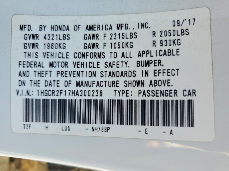 Продажа на аукционе авто 2017 Honda Accord, vin: 1HGCR2F17HA300236, номер лота: 57353296