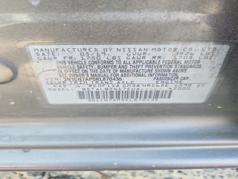 Продаж на аукціоні авто 2019 Nissan Versa, vin: 3N1CN7AP5KL870435, номер лоту: 56792546