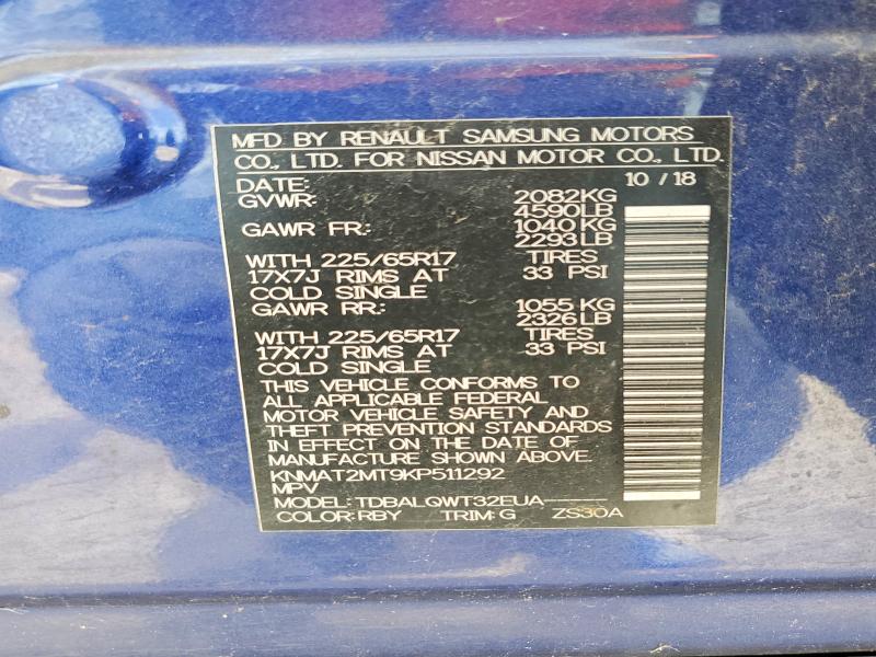 57707026 :رقم المزاد ، KNMAT2MT9KP511292 vin ، 2019 Nissan Rogue مزاد بيع