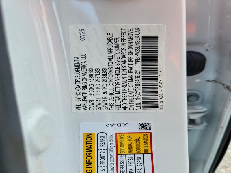 2025 Honda Accord მანქანა იყიდება აუქციონზე, vin: 1HGCY2F88SA066521, აუქციონის ნომერი: 58900276