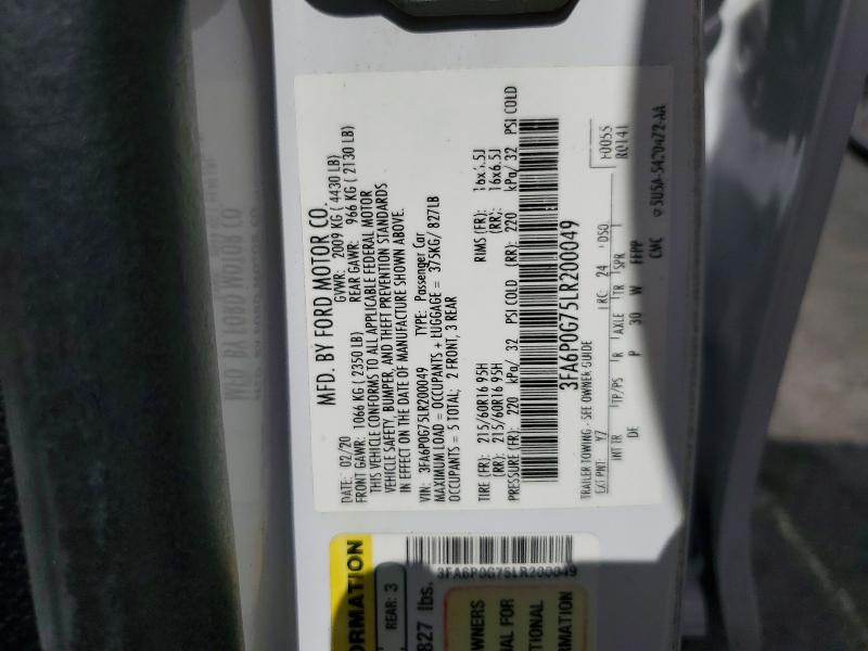 58535536 :رقم المزاد ، 3FA6P0G75LR200049 vin ، 2020 Ford Fusion مزاد بيع