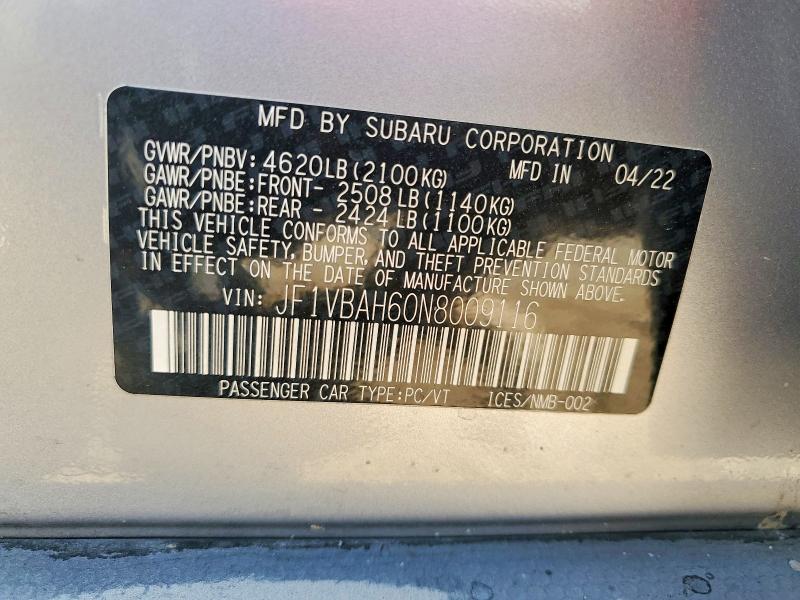 2022 Subaru Wrx მანქანა იყიდება აუქციონზე, vin: JF1VBAH60N8009116, აუქციონის ნომერი: 52104026