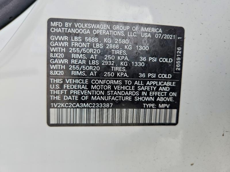 56681386 :رقم المزاد ، 1V2KC2CA3MC233387 vin ، 2021 Volkswagen Atlas Cross Sport مزاد بيع