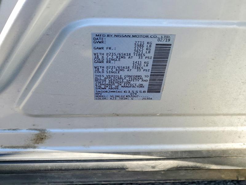 2019 Nissan Pathfinder მანქანა იყიდება აუქციონზე, vin: 5N1DR2MM5KC615558, აუქციონის ნომერი: 57742896