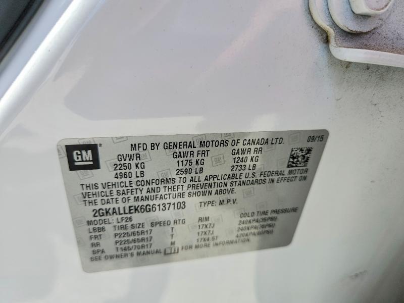 2016 Gmc Terrain მანქანა იყიდება აუქციონზე, vin: 2GKALLEK6G6137103, აუქციონის ნომერი: 58206446