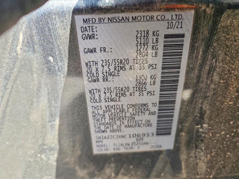 2022 Nissan Murano მანქანა იყიდება აუქციონზე, vin: 5N1AZ2CJXNC106953, აუქციონის ნომერი: 85605745