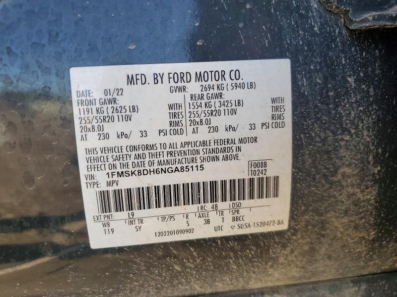 55404576 :رقم المزاد ، 1FMSK8DH6NGA85115 vin ، 2022 Ford Explorer مزاد بيع