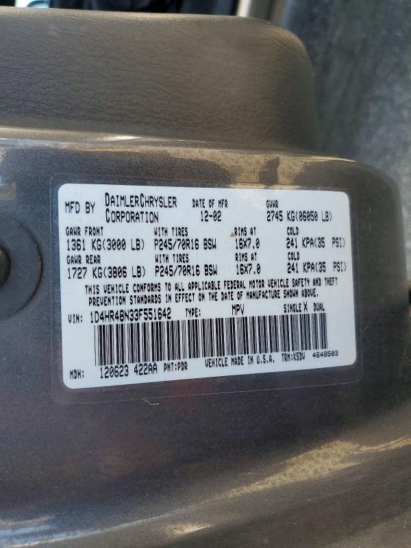 2003 Dodge Durango მანქანა იყიდება აუქციონზე, vin: 1D4HR48N33F551642, აუქციონის ნომერი: 59034106