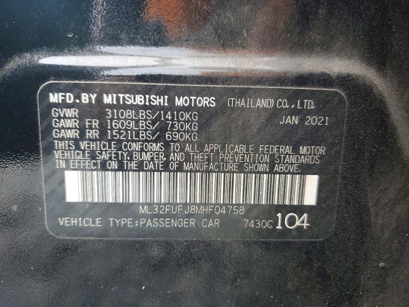 2021 Mitsubishi Mirage მანქანა იყიდება აუქციონზე, vin: ML32FUFJ8MHF04758, აუქციონის ნომერი: 57037746
