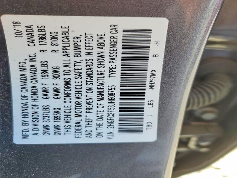 2018 Honda Civic მანქანა იყიდება აუქციონზე, vin: 2HGFC2F53JH608755, აუქციონის ნომერი: 57271246