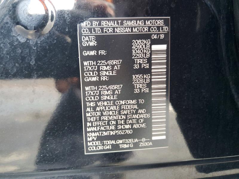 55915046 :رقم المزاد ، KNMAT2MT1KP552760 vin ، 2019 Nissan Rogue مزاد بيع