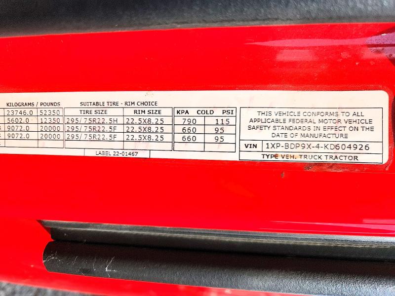 55958746 :رقم المزاد ، 1XPBDP9X4KD604926 vin ، 2019 Peterbilt 579 مزاد بيع