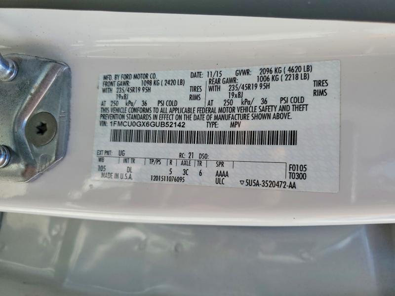 2016 Ford Escape მანქანა იყიდება აუქციონზე, vin: 1FMCU0GX6GUB52142, აუქციონის ნომერი: 58569906