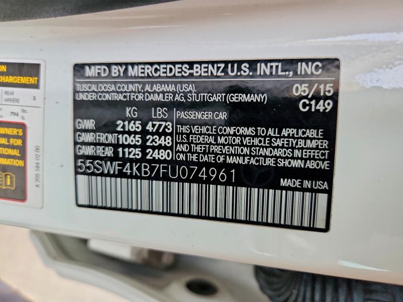 2015 Mercedes-benz C მანქანა იყიდება აუქციონზე, vin: 55SWF4KB7FU074961, აუქციონის ნომერი: 56225986