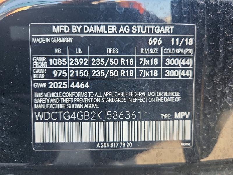 2019 Mercedes-benz Gla მანქანა იყიდება აუქციონზე, vin: WDCTG4GB2KJ586361, აუქციონის ნომერი: 55639116