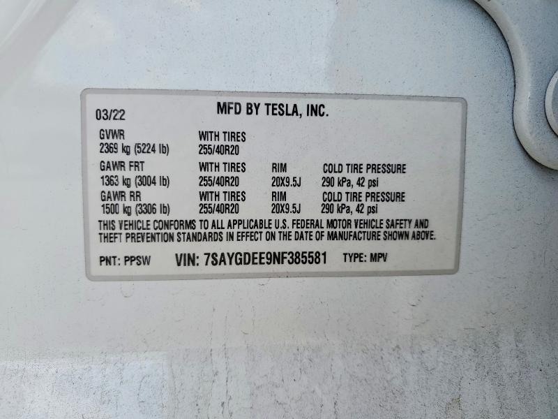 Aukcja sprzedaży 2022 Tesla Model Y, vin: 7SAYGDEE9NF385581, numer aukcji: 57739746
