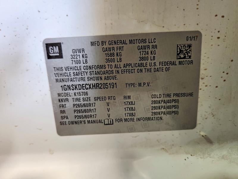 58051526 :رقم المزاد ، 1GNSKDECXHR205191 vin ، 2017 Chevrolet Tahoe مزاد بيع