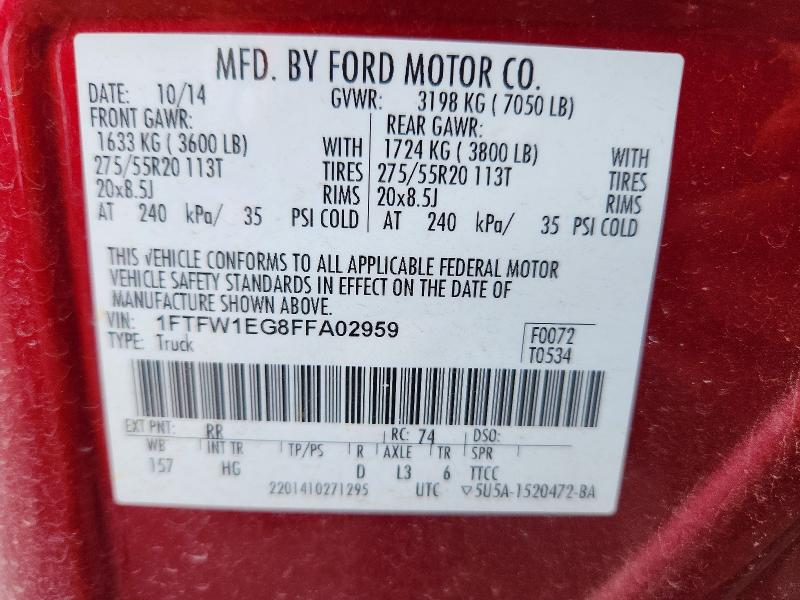Auction sale of the 2015 Ford F150, vin: 1FTFW1EG8FFA02959, lot number: 59312816
