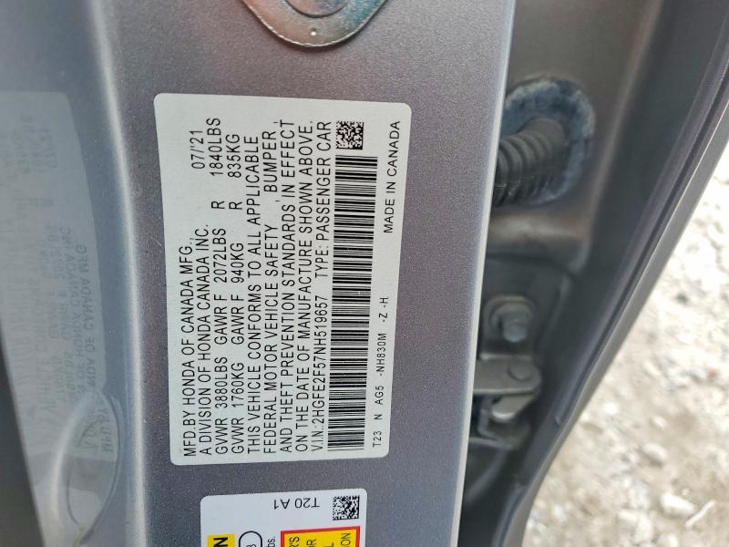 Продаж на аукціоні авто 2022 Honda Civic, vin: 2HGFE2F57NH519657, номер лоту: 58408396