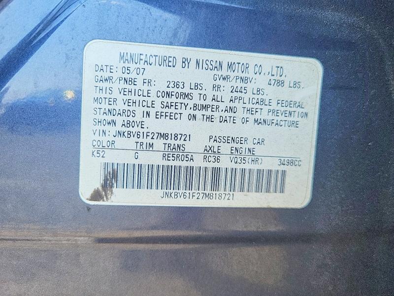 Aukcja sprzedaży 2007 Infiniti G35, vin: JNKBV61F27M818721, numer aukcji: 57973876