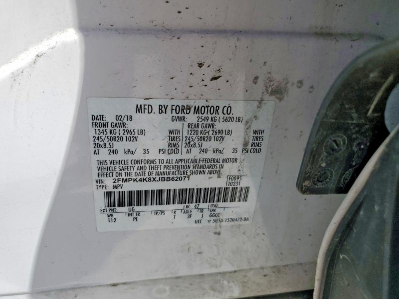 74515115 :رقم المزاد ، 2FMPK4K8XJBB62071 vin ، 2018 Ford Edge مزاد بيع