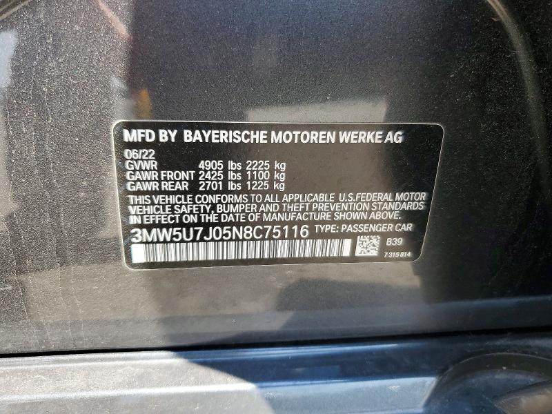 57342446 :رقم المزاد ، 3MW5U7J05N8C75116 vin ، 2022 Bmw M340i مزاد بيع