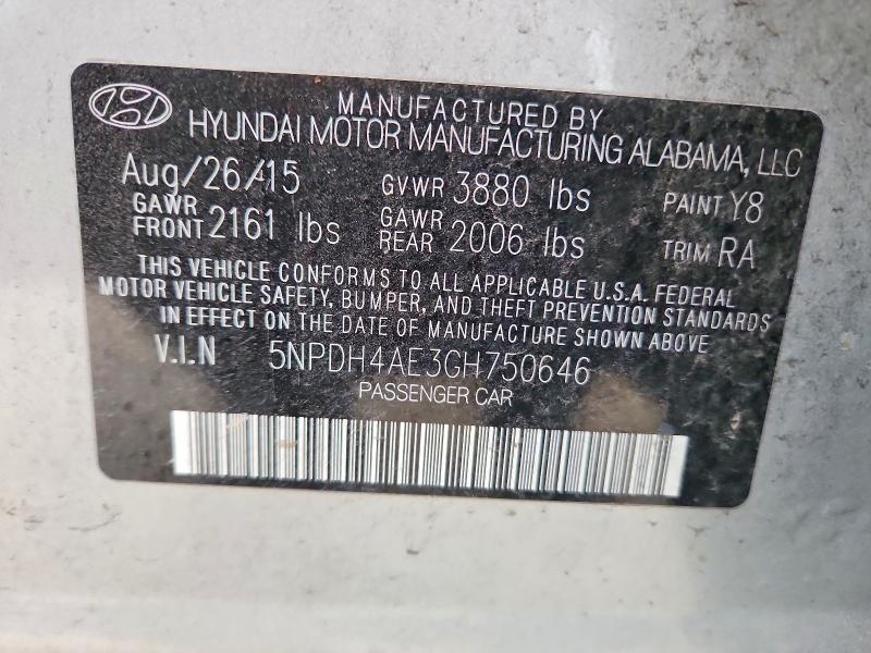 2016 Hyundai Elantra მანქანა იყიდება აუქციონზე, vin: 5NPDH4AE3GH750646, აუქციონის ნომერი: 56096316
