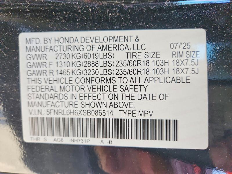 Aukcja sprzedaży 2025 Honda Odyssey, vin: 5FNRL6H6XSB086514, numer aukcji: 56236896
