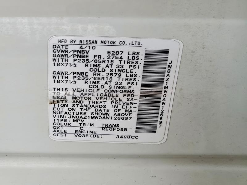 58850106 :رقم المزاد ، JN8AZ1MW0AW126697 vin ، 2010 Nissan Murano مزاد بيع