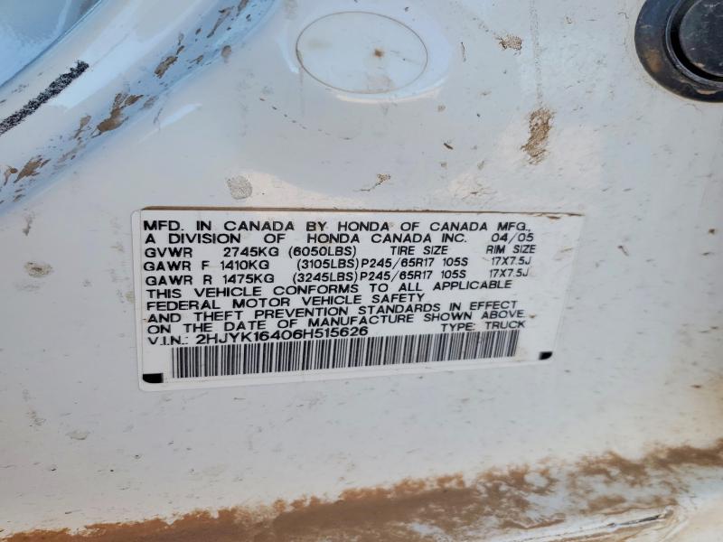 2006 Honda Ridgeline მანქანა იყიდება აუქციონზე, vin: 2HJYK16406H515626, აუქციონის ნომერი: 59134496