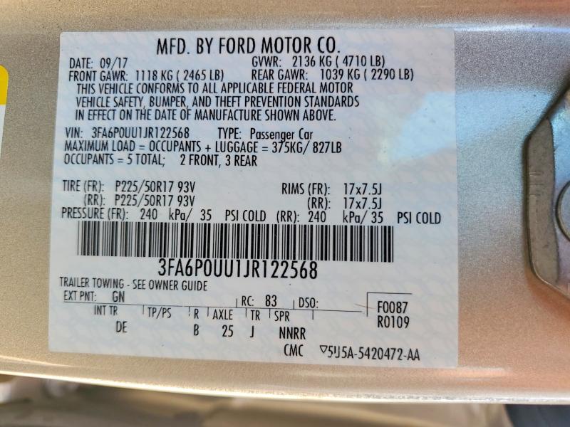 Auction sale of the 2018 Ford Fusion, vin: 3FA6P0UU1JR122568, lot number: 56414516