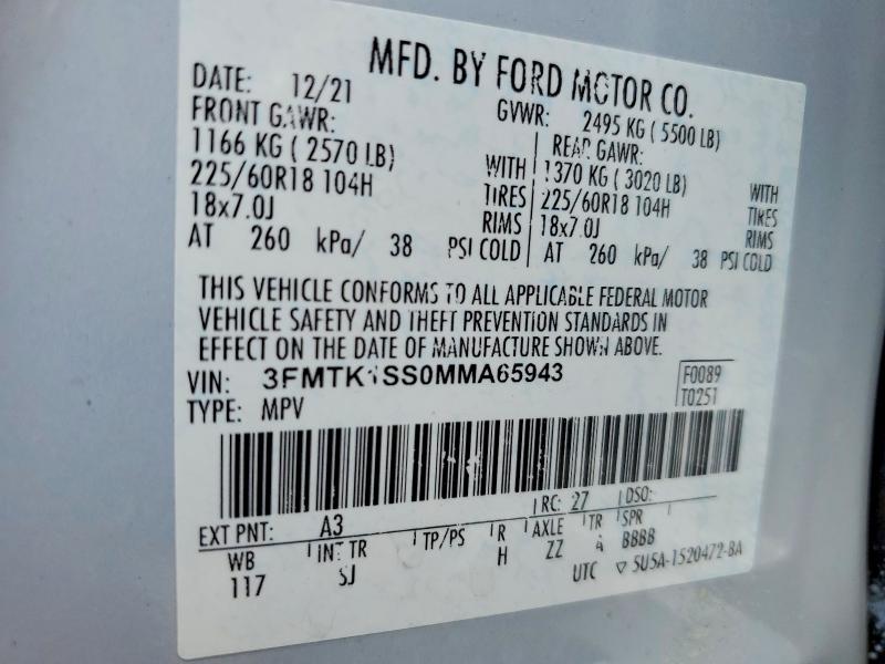 2021 Ford Mustang Mach-e მანქანა იყიდება აუქციონზე, vin: 3FMTK1SS0MMA65943, აუქციონის ნომერი: 58771826