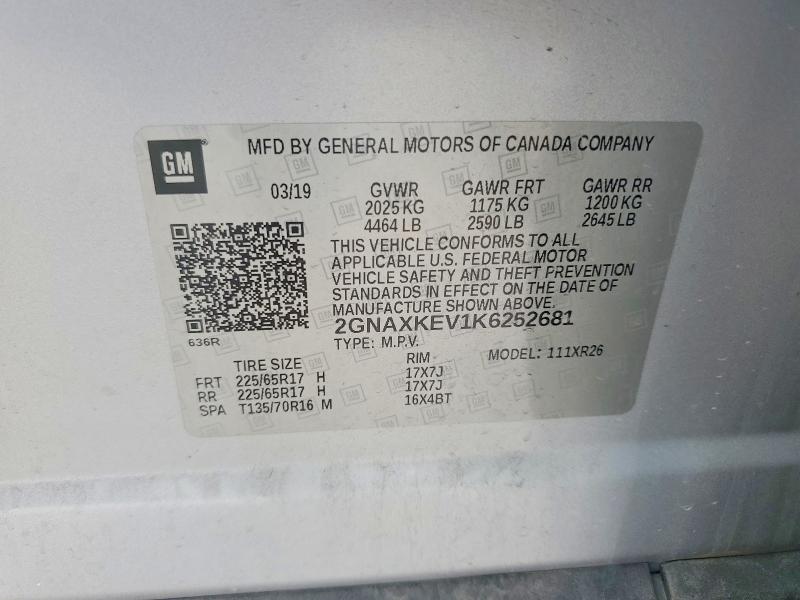 Продажа на аукционе авто 2019 Chevrolet Equinox, vin: 2GNAXKEV1K6252681, номер лота: 58639426